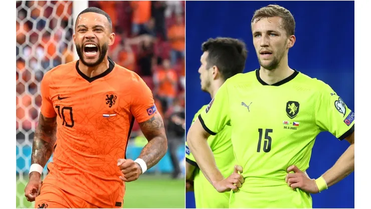 Memphis Depay of Netherlands (left) and Tomas Soucek of the Czech Republic (right). (Getty)