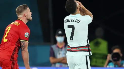 Cristiano Ronaldo of Portugal (right) looks dejected after defeat to Belgium. (Getty)