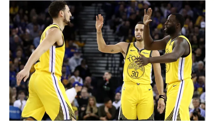 Klay Thompson, Stephen Curry & Draymond Green. (Getty)
