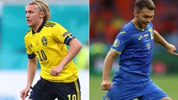 Emil Forsberg of Sweden (left) and Oleksander Karavaev of Ukraine (Getty).