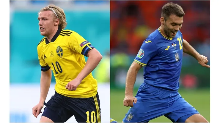 Emil Forsberg of Sweden (left) and Oleksander Karavaev of Ukraine (Getty).