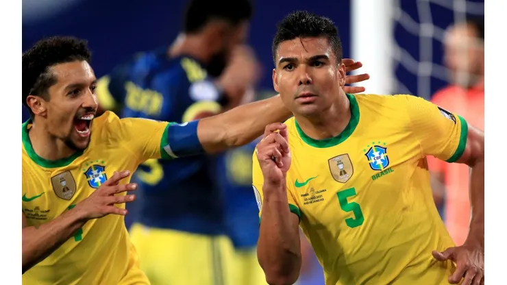 Marquinhos (left) and Casemiro of Brazil celebrate a goal against Colombia (Getty).