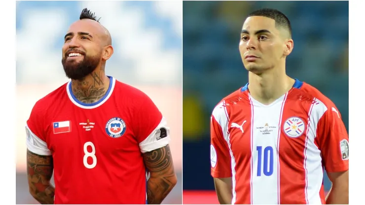 Arturo Vidal of Chile (left) and Miguel Almirón of Paraguay. (Getty)