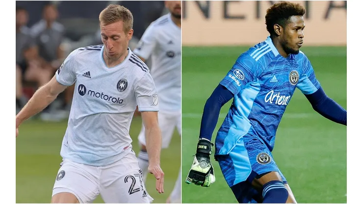 Robert Beric of Chicago Fire (left) and Andre Blake of the Philadelphia Union (right). (Getty)