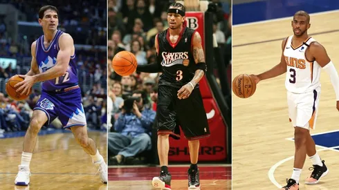 John Stockton (left), Allen Iverson (center) & Chris Paul. (Getty)