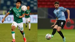 Leonel Justiniano of Bolivia (left) and Diego Godín of Uruguay (right). (Getty)