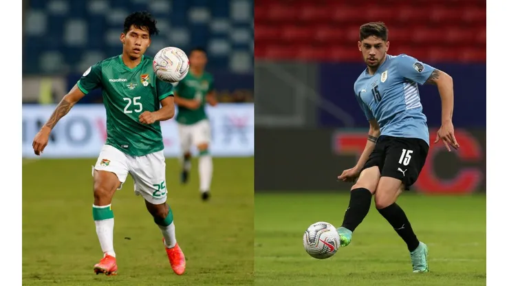 Leonel Justiniano of Bolivia (left) and Diego Godín of Uruguay (right). (Getty)