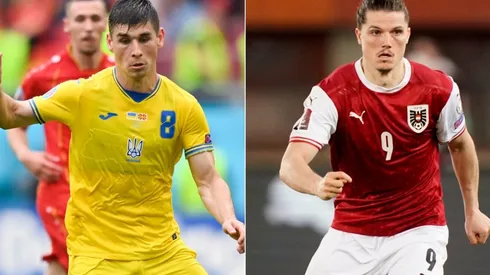 Ruslan Malinovskyi of Ukraine (left) and Marcel Sabitzer of Austria (right). (Getty)