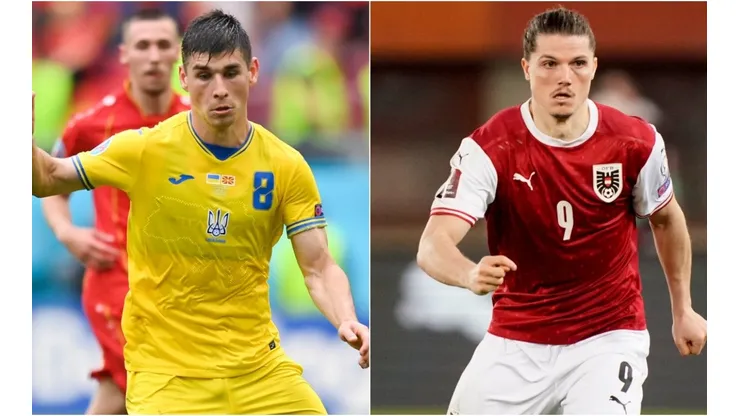 Ruslan Malinovskyi of Ukraine (left) and Marcel Sabitzer of Austria (right). (Getty)