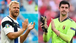 Paulus Arajuuri of Finland (left) and Thibaut Courtois of Belgium (right). (Getty)