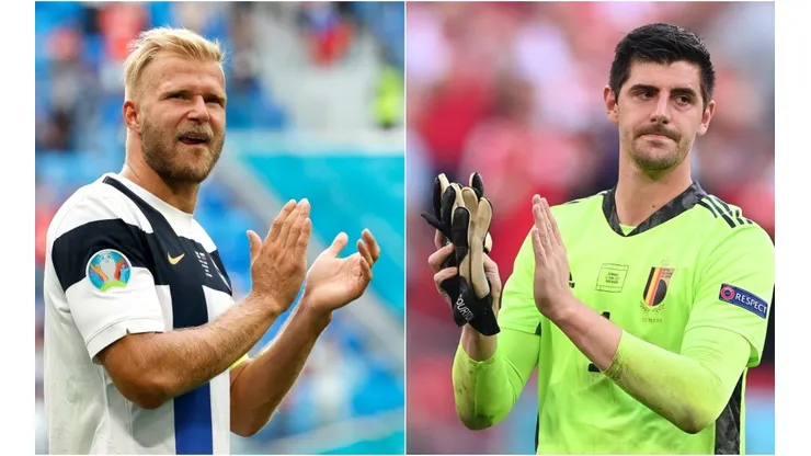 Paulus Arajuuri of Finland (left) and Thibaut Courtois of Belgium (right). (Getty)