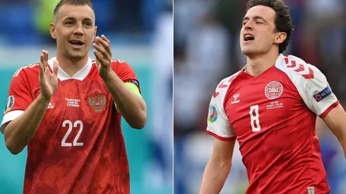 Artem Dzyuba of Russia (left) and Thomas Delaney of Denmark (right). (Getty)