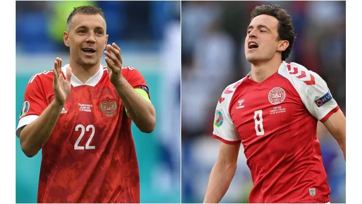 Artem Dzyuba of Russia (left) and Thomas Delaney of Denmark (right). (Getty)