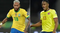 Neymar of Brazil (left) and Yerry Mina of Colombia (Getty).