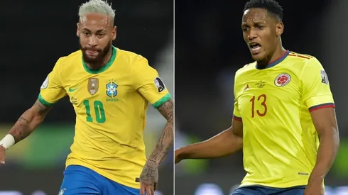 Neymar of Brazil (left) and Yerry Mina of Colombia (Getty).