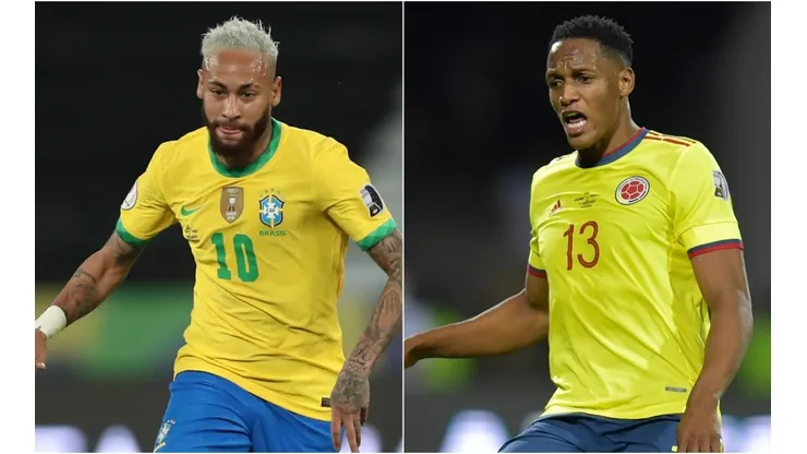 Neymar of Brazil (left) and Yerry Mina of Colombia (Getty).