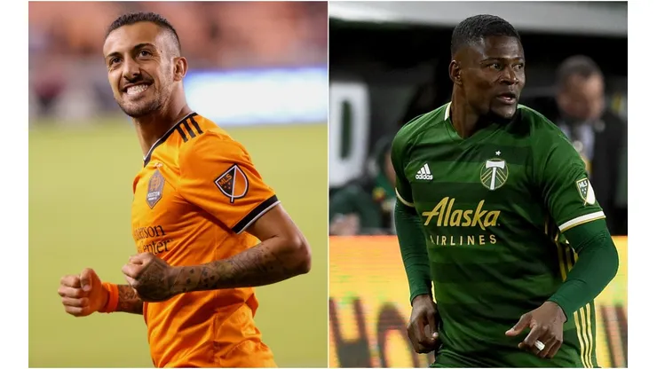 Maximiliano Urruti of Houston Dynamo (left) and Dairo Asprilla of Portland Timbers. (Getty)