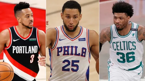 CJ McCollum (left), Ben Simmons (center), and Marcus Smart. (Getty)