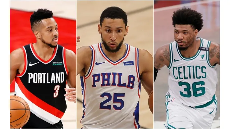 CJ McCollum (left), Ben Simmons (center), and Marcus Smart. (Getty)