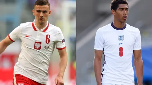Kacper Kozlowski of Poland (left) and Jude Bellingham of England (right). (Getty)