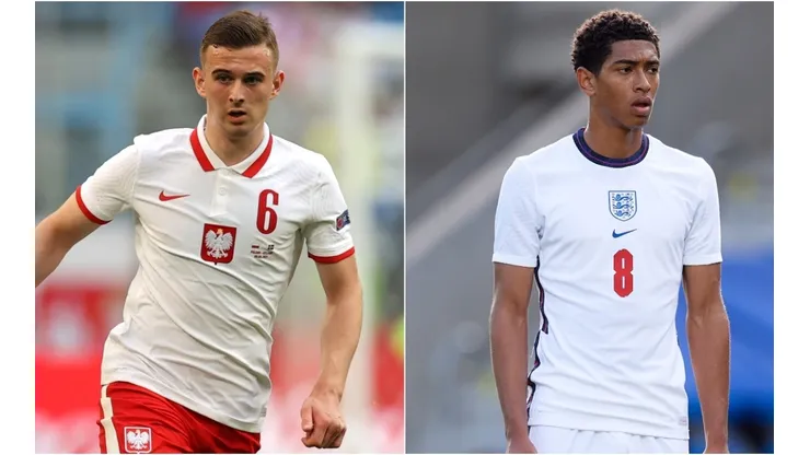 Kacper Kozlowski of Poland (left) and Jude Bellingham of England (right). (Getty)