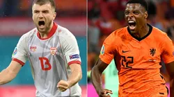Stefan Ristovski of Macedonia (left) and Denzel Dumfries of the Netherlands (right). (Getty)