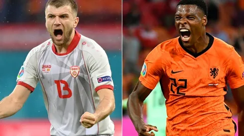 Stefan Ristovski of Macedonia (left) and Denzel Dumfries of the Netherlands (right). (Getty)