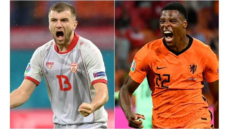 Stefan Ristovski of Macedonia (left) and Denzel Dumfries of the Netherlands (right). (Getty)