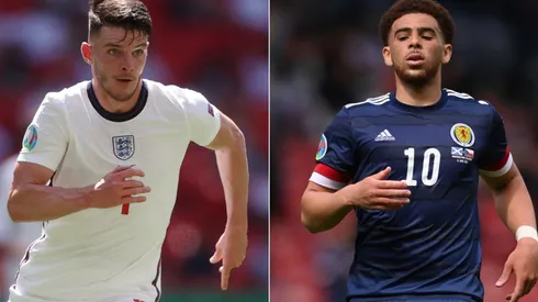 Declan Rice of England (left) and Che Adams of Scotland (right). (Getty)