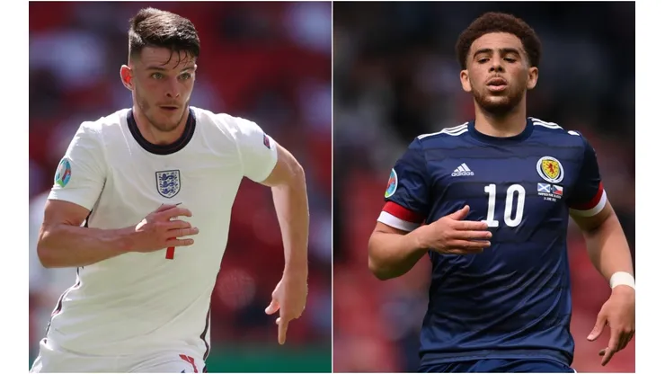 Declan Rice of England (left) and Che Adams of Scotland (right). (Getty)