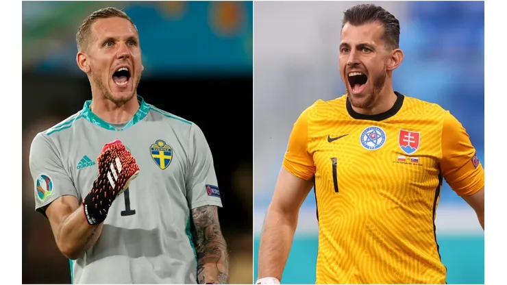 Robin Olsen of Sweden (left) and Martin Dubravka of Slovakia (right). (Getty)