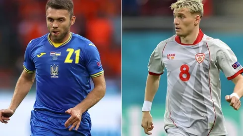Oleksandr Karavaev of Ukraine (left) and Egzjan Alioski of Macedonia (right). (Getty)