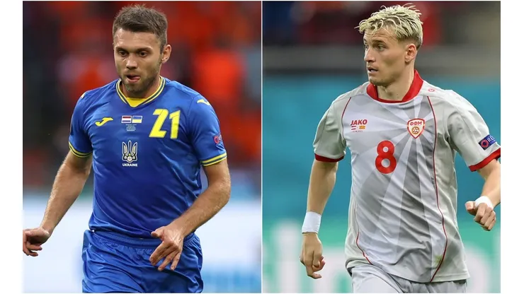 Oleksandr Karavaev of Ukraine (left) and Egzjan Alioski of Macedonia (right). (Getty)