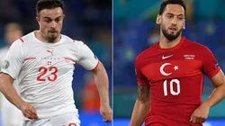 Xherdan Shaqiri of Switzerland (left) and Hakan Calhanoglu of Turkey (right). (Getty)