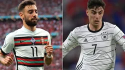 Bruno Fernandes of Portugal (left) and Kai Havertz of Germany (right). (Getty)