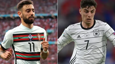 Bruno Fernandes of Portugal (left) and Kai Havertz of Germany (right). (Getty)