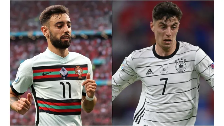 Bruno Fernandes of Portugal (left) and Kai Havertz of Germany (right). (Getty)