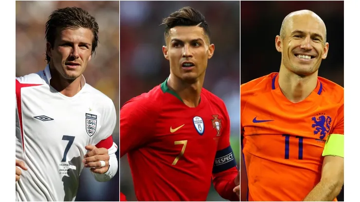 David Beckham of England (left), Cristiano Ronaldo of Portugal (center), and Arjen Robben of the Netherlands (right). (Getty)