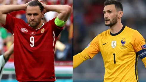 Adam Szalai of Hungary (left) and Hugo Lloris of France (right). (Getty)