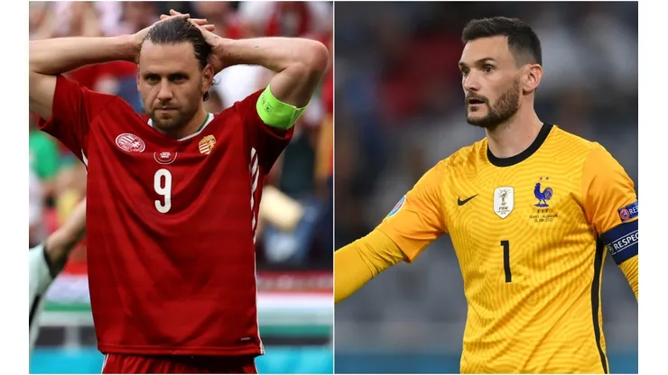 Adam Szalai of Hungary (left) and Hugo Lloris of France (right). (Getty)