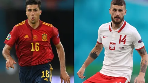 Rodri of Spain (left) and Mateusz Klich of Poland (right). (Getty)