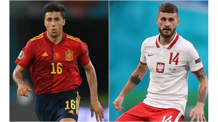 Rodri of Spain (left) and Mateusz Klich of Poland (right). (Getty)