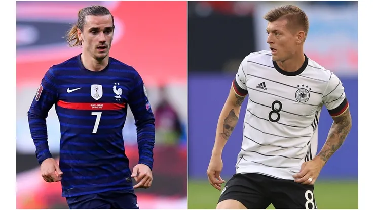 Antoine Griezmann of France (left) and Toni Kroos of Germany (Getty).