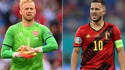 Kasper Schmeichel of Denmark (left) and Eden Hazard of Belgium (right). (Getty)