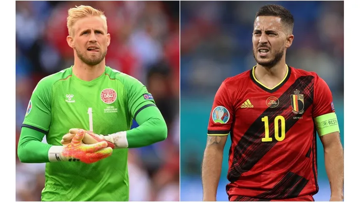 Kasper Schmeichel of Denmark (left) and Eden Hazard of Belgium (right). (Getty)