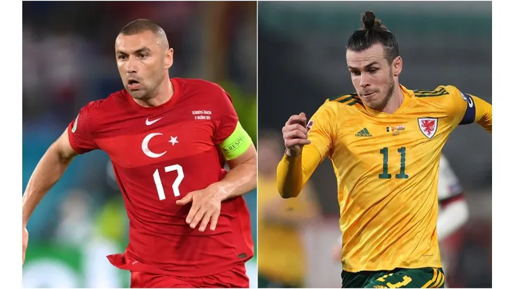 Burak Yilmaz of Turkey (left) and Gareth Bale of Wales (Getty).