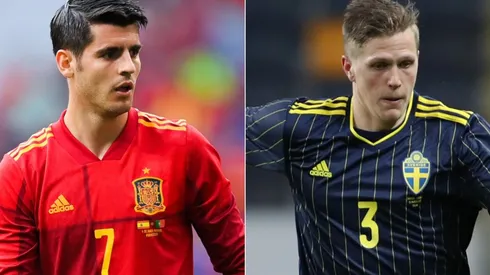 Alvaro Morata of Spain (left) and Joakim Nilsson of Sweden (right). (Getty)