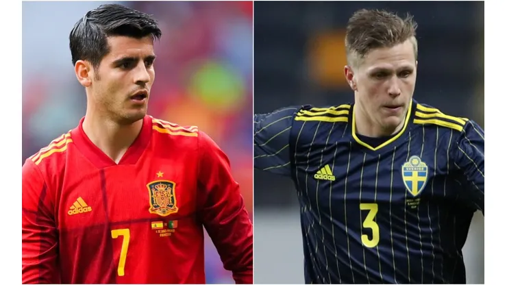 Alvaro Morata of Spain (left) and Joakim Nilsson of Sweden (right). (Getty)