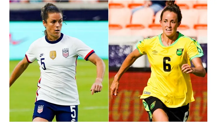 Kelley O'Hara of the United States (left) and Havana Solaun of Jamaica (right). (Getty)