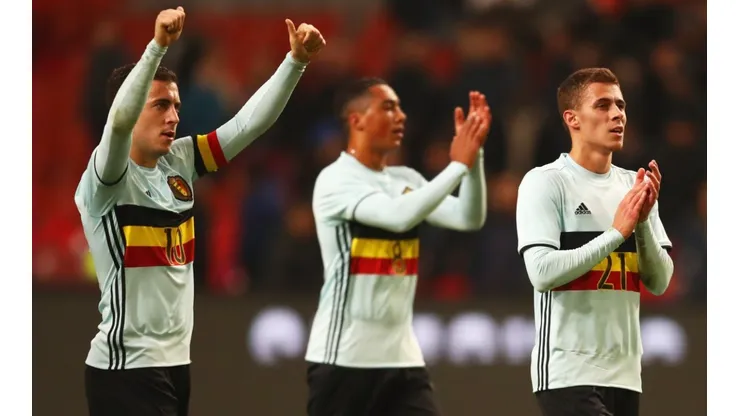 Eden Hazard (left) and Thorgan Hazard (right) of Belgium. (Getty)